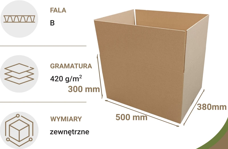 Karton klapowy 500x380x300 mm z wytrzymałej tektury falistej, idealny do wysyłek kurierskich i paczkomatów. Solidna konstrukcja, łatwe składanie i uniwersalne zastosowanie w e-commerce oraz magazynach.