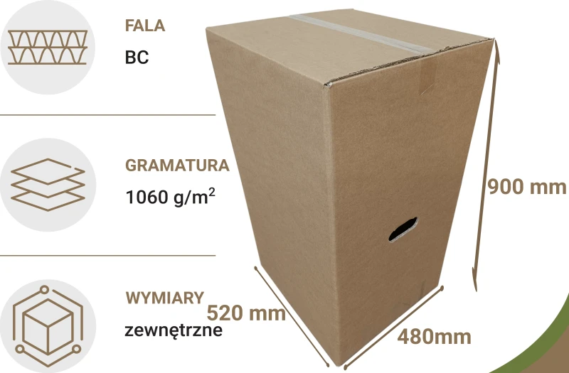 Szary karton klapowy o wymiarach 520x480x900mm. Wykonany z wyjątkowo wytrzymałej, 5-warstwowej tektury (fala BC) o gramaturze 1060 g/m². Karton jest wyposażony w praktyczne uchwyty (90x30 mm) na krótszych bokach, co ułatwia przenoszenie.
