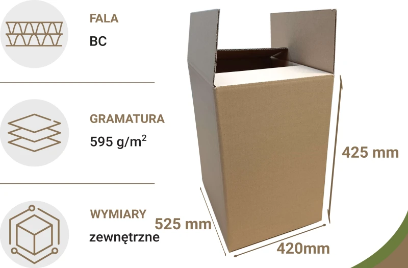 Szary karton klapowy o wymiarach zewnętrznych 525x420x425 mm, wykonany z 5-warstwowej tektury falistej (fala BC) o gramaturze 595 g/m². Ma klasyczny dużą pojemność, idealną do przechowywania oraz transportu większych przedmiotów.