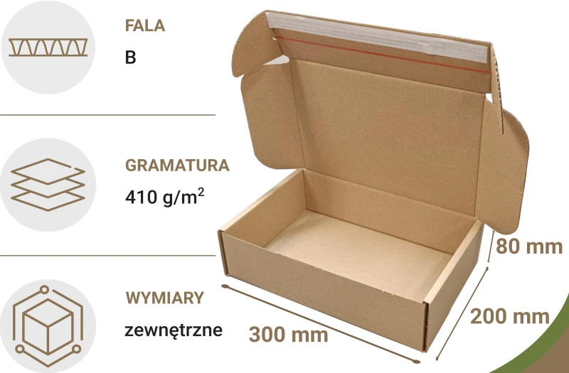 Karton fasonowy z paskiem klejowym HotMelt i taśmą zrywającą. Wytrzymałe opakowanie z tektury falistej, przeznaczone do wysyłek e-commerce i paczkomatów. Szybkie składanie, estetyczny wygląd i wygodne otwieranie.