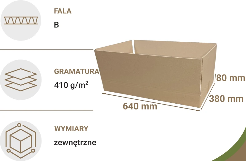 Szary karton klapowy o wymiarach 640x380x80mm, wykonany z 3-warstwowej tektury (fala B) o gramaturze 410 g/m².