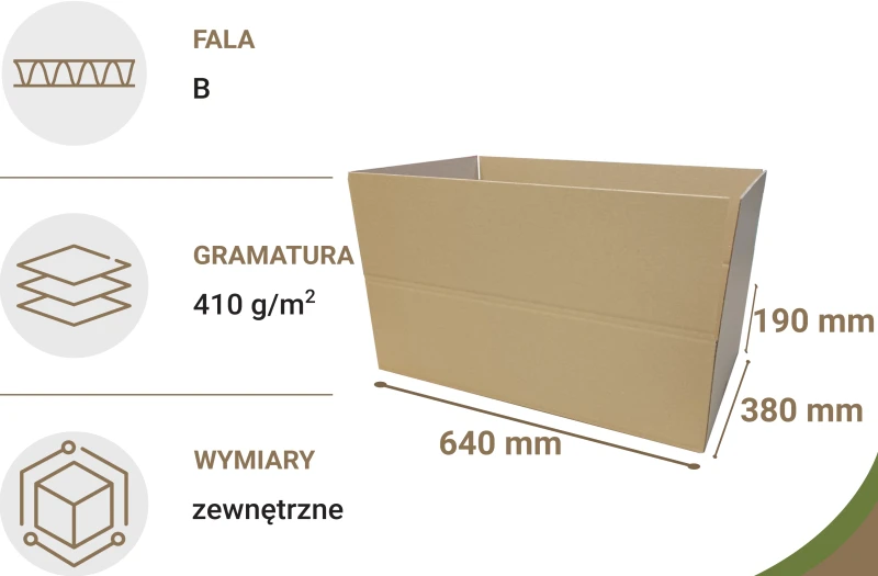 Szary karton klapowy o wymiarach 640x380x190 mm, wykonany z 3-warstwowej tektury (fala B) o gramaturze 410 g/m². Duża pojemność pozwala na pakowanie różnych produktów, a prosty system składania umożliwia szybkie przygotowanie przesyłki.