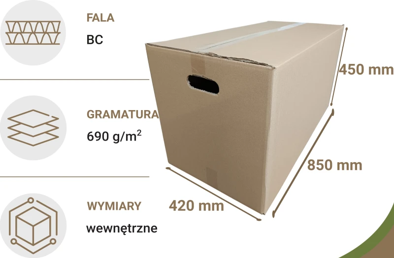 Solidny karton klapowy o wymiarach  864x434x471mm. Wykonany z 5-warstwowej tektury falistej (fala BC) o gramaturze 690 g/m², w szarym kolorze. Karton został wyposażony w praktyczne uchwyty (90x30 mm) na krótszych bokach, co ułatwia przenoszenie.
