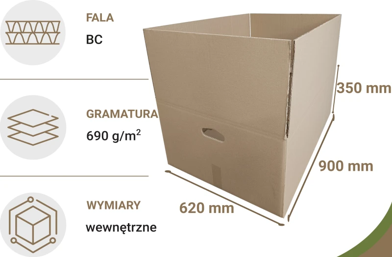 Karton klapowy o wymiarach 900x620x350 mm, wykonany z mocnej 5-warstwowej tektury (fala BC) o gramaturze 690 g/m² w standardowym szarym kolorze. Karton wyposażony jest w ergonomiczne rączki (90x30 mm) na krótszych bokach.