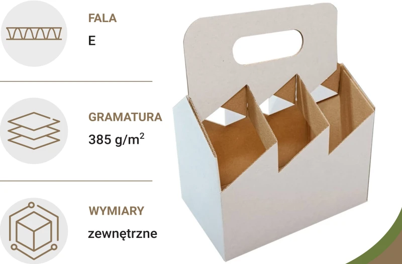 Nosidełko kartonowe na 6 butelek, wykonane z wytrzymałej tektury falistej, idealne do transportu i sprzedaży piwa lub innych napojów butelkowanych. Elegancka, funkcjonalna konstrukcja z ergonomicznym uchwytem.