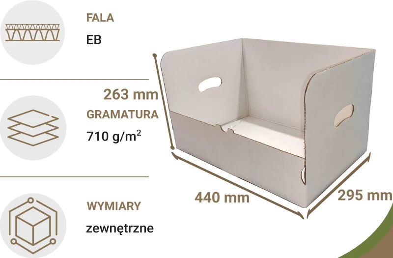 Karton fasonowy ekspozycyjny o wymiarach 440x295x263 mm. Wykonany z bielonej, 5-warstwowej tektury falistej (fala EB). Karton ma automatyczne dno. Opakowanie biało-białe, zewnętrznie powlekane.