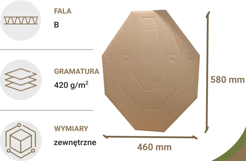Profesjonalna tarcza, przeznaczona do rozgrywania konkurencji IPSC. Wykonana z szarej tektury o gramaturze 420g/m2.  Wymiary 460x580 mm