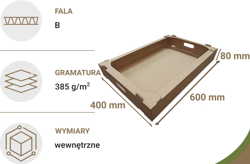 Solidna, 3-warstwowa tacka tekturowa o wymiarach 600x400x80 mm, wykonana z wytrzymałej biało-szarej tektury (gramatura 385 g/m²). Łatwa do samodzielnego złożenia.
