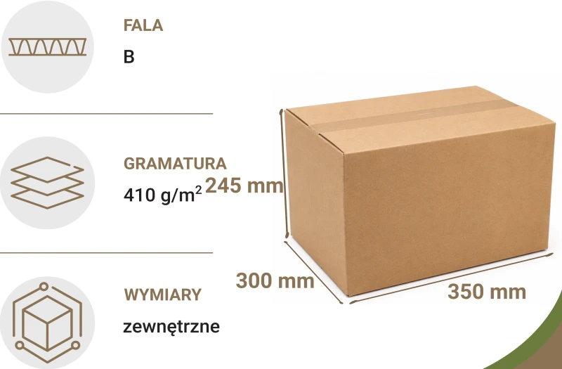 Karton klapowy 350x300x245 mm wykonany z wytrzymałej tektury falistej. Uniwersalne opakowanie wysyłkowe do bezpiecznego pakowania produktów, idealne do sprzedaży internetowej oraz przesyłek Paczkomatami InPost.