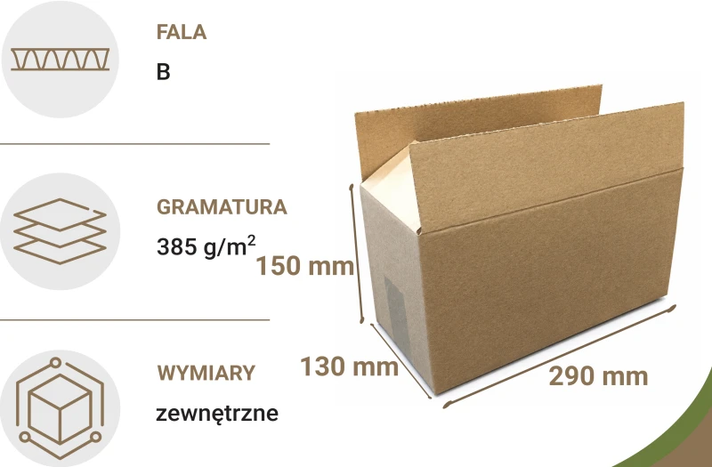 Szary karton klapowy o wymiarach 290x130x150 mm, wykonany z 3-warstwowej tektury falistej (fala B) o gramaturze 385 g/m². Konstrukcja F201 ułatwia szybkie składanie i pakowanie, zapewniając jednocześnie skuteczną ochronę produktów podczas transportu.