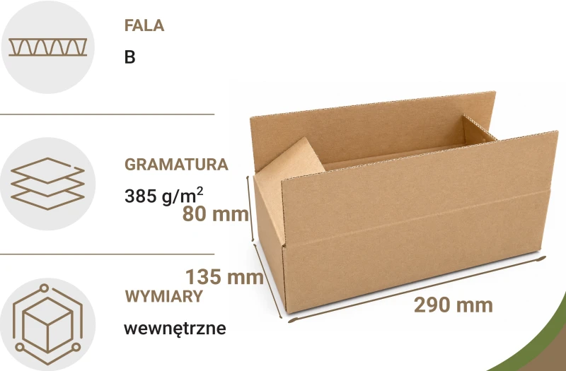 Szary karton klapowy o wymiarach 290x135x80 mm, wykonany z 3-warstwowej tektury falistej (fala B) o gramaturze 385 g/m². Konstrukcja F201 ułatwia szybkie składanie i pakowanie, zapewniając jednocześnie skuteczną ochronę produktów podczas transportu.