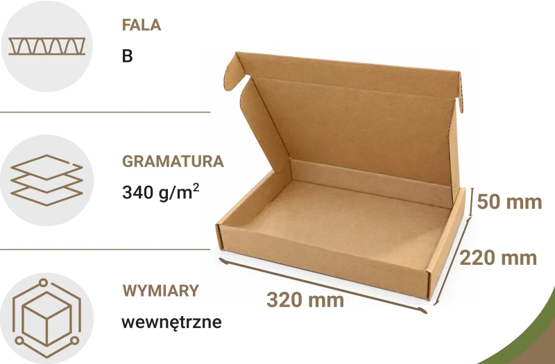 Karton fasonowy o wymiarach 320x220x50 mm, wykonany z 3-warstwowej tektury (fala B, gramatura 340 g/m²). Pudełko jest łatwe do złożenia i nie wymaga użycia taśmy czy kleju, co pozwala na szybkie i ekonomiczne pakowanie.