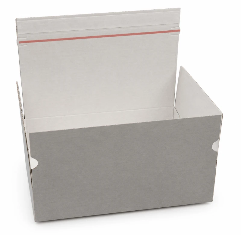 Karton o wymiarach 345x240x80mm wykonany z 3-warstwowej bielonej tektury. Opakowanie posiada automatyczne dno oraz pasek klejowy i zrywkę.